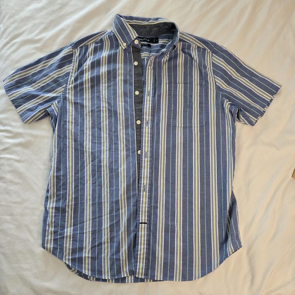 Men Nautica Blue Yellow Striped Soft Cotton Short Sleeve Dress Shirt Small